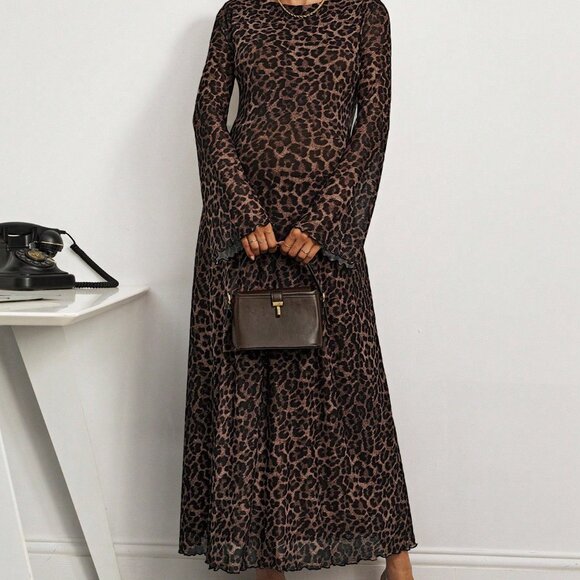 Brown Elegant Women's Casual Leopard Long Sleeve Maternity Dress